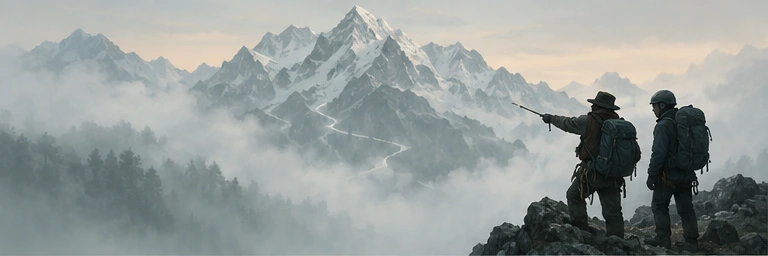 A Sherpa and climber finding their route through the mountains